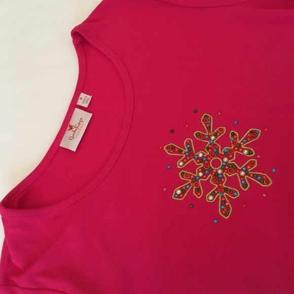 Quacker Factory Bright Pink Sparkly Snowflake Motif 3/4 Sleeve Top - Picture 8 of 12